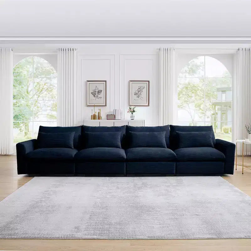 Divani a 4 posti con seduta profonda, divani moderni per soggiorno in velluto a coste beige, design confortevole con 4 cuscini lombari