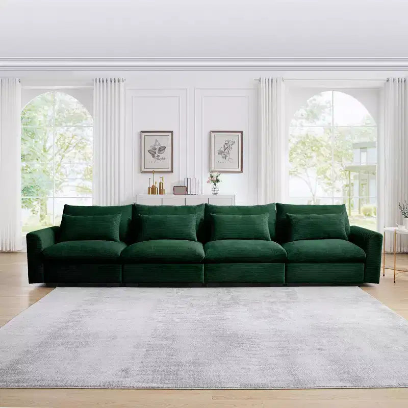Divani a 4 posti con seduta profonda, divani moderni per soggiorno in velluto a coste beige, design confortevole con 4 cuscini lombari