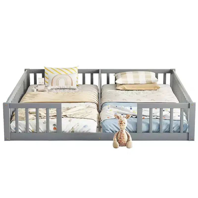 Letto a castello singolo con sponde protettive, pino e legno ingegnerizzato, naturale e grigio, sicuro, robusto, salvaspazio, facile montaggio per bambini
