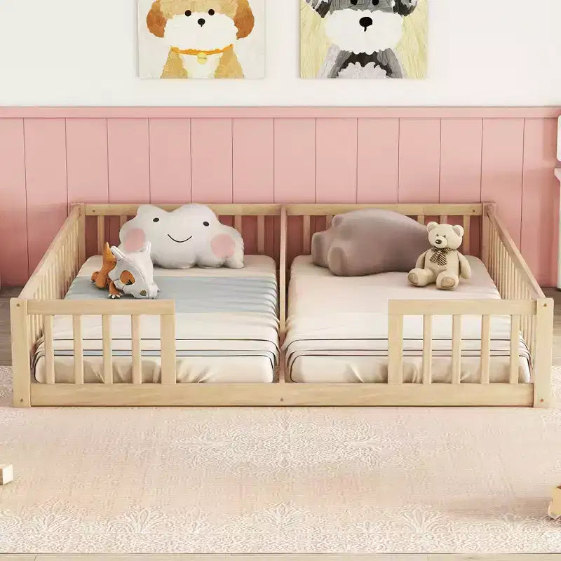Letto a castello singolo con sponde protettive, pino e legno ingegnerizzato, naturale e grigio, sicuro, robusto, salvaspazio, facile montaggio per bambini