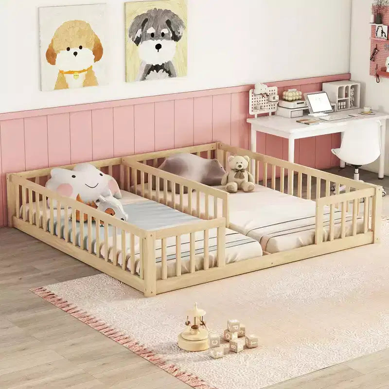 Letto a castello singolo con sponde protettive, pino e legno ingegnerizzato, naturale e grigio, sicuro, robusto, salvaspazio, facile montaggio per bambini