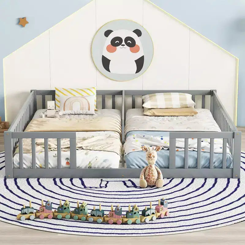 Letto a castello singolo con sponde protettive, pino e legno ingegnerizzato, naturale e grigio, sicuro, robusto, salvaspazio, facile montaggio per bambini