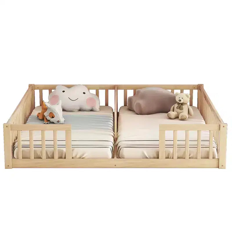 Letto a castello singolo con sponde protettive, pino e legno ingegnerizzato, naturale e grigio, sicuro, robusto, salvaspazio, facile montaggio per bambini