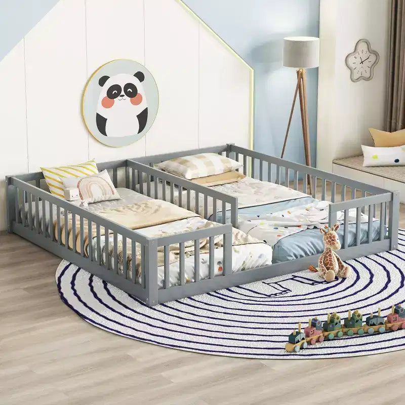 Letto a castello singolo con sponde protettive, pino e legno ingegnerizzato, naturale e grigio, sicuro, robusto, salvaspazio, facile montaggio per bambini