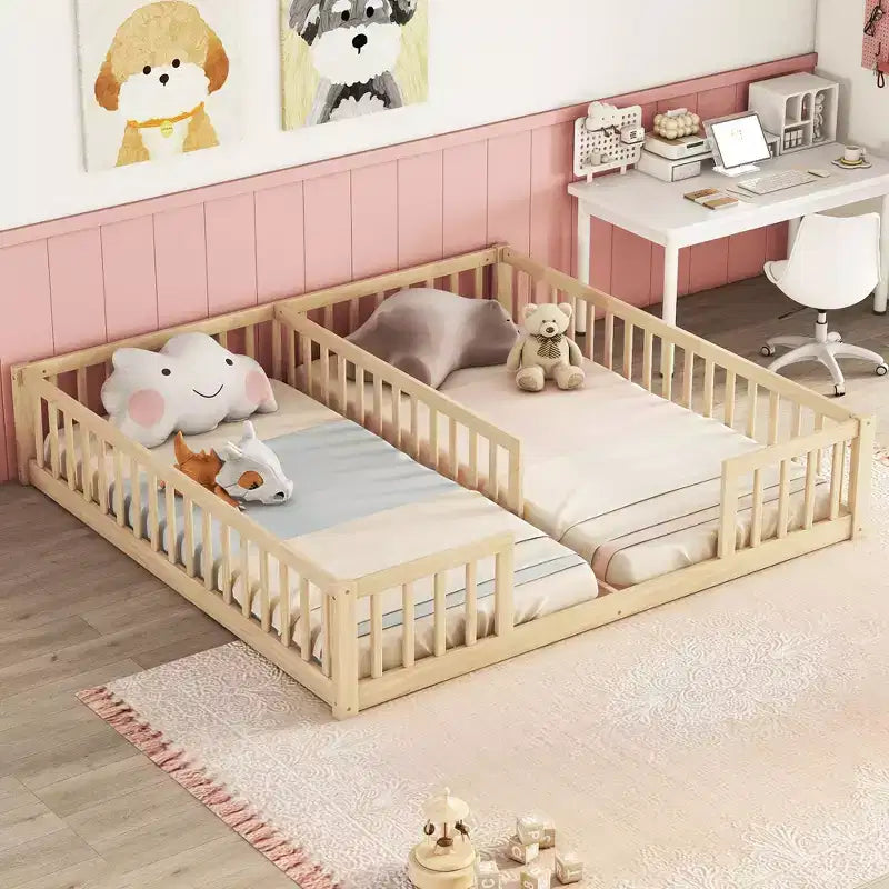 Letto a castello singolo con sponde protettive, pino e legno ingegnerizzato, naturale e grigio, sicuro, robusto, salvaspazio, facile montaggio per bambini