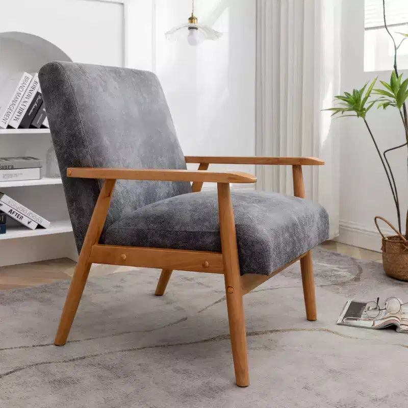 Poltrona moderna con braccioli, poltrona lounge con braccioli affusolati, telaio in legno massiccio, sedia rivestita in microfibra per soggiorno, ufficio
