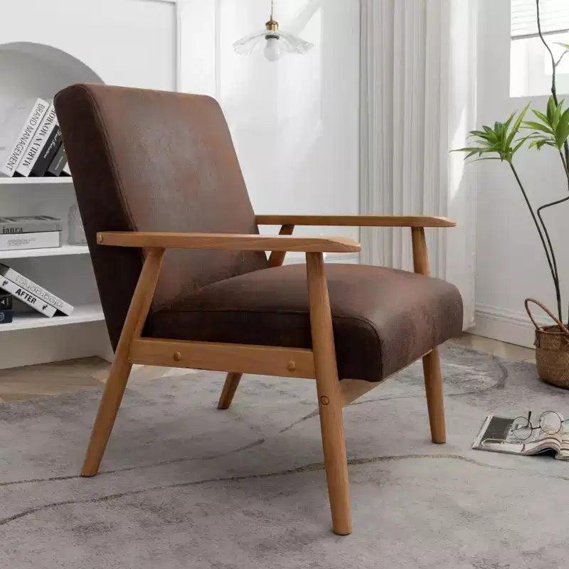 Poltrona moderna con braccioli, poltrona lounge con braccioli affusolati, telaio in legno massiccio, sedia rivestita in microfibra per soggiorno, ufficio