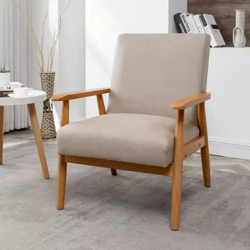 Poltrona moderna con braccioli, poltrona lounge con braccioli affusolati, telaio in legno massiccio, sedia rivestita in microfibra per soggiorno, ufficio