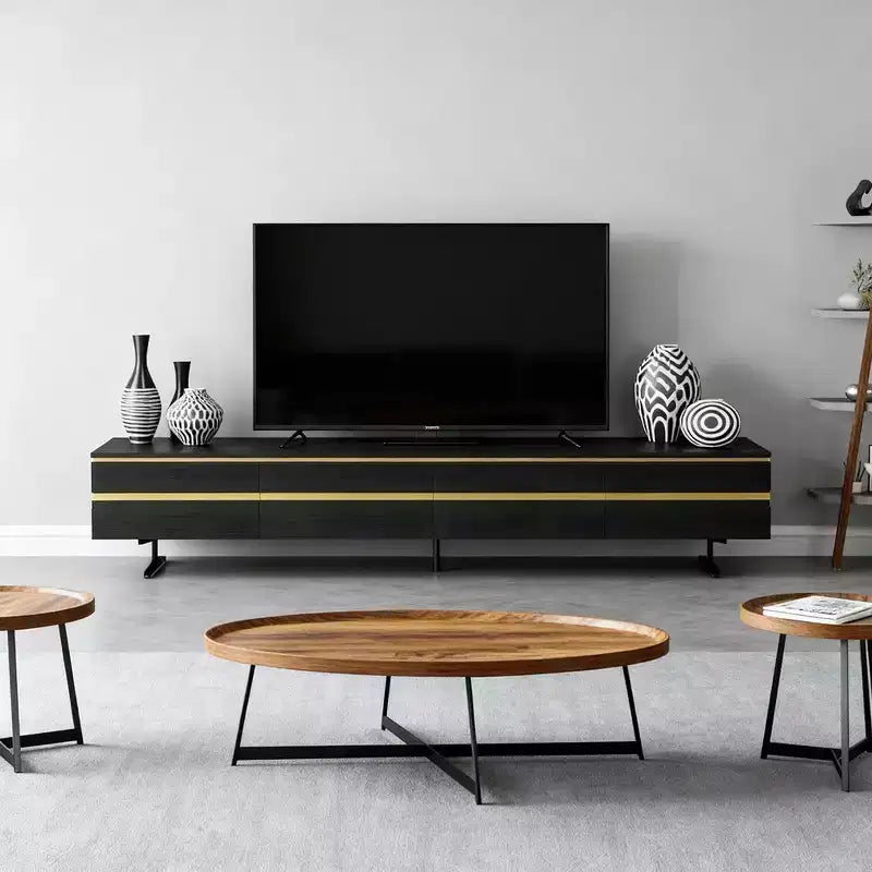 Mobile TV e console multimediale neri da 86,61" in stile rustico con cassetti portaoggetti a scomparsa, armadietti chiusi, gambe in metallo e gestione cavi