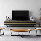 Mobile TV e console multimediale neri da 86,61" in stile rustico con cassetti portaoggetti a scomparsa, armadietti chiusi, gambe in metallo e gestione cavi