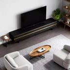 Mobile TV e console multimediale neri da 86,61" in stile rustico con cassetti portaoggetti a scomparsa, armadietti chiusi, gambe in metallo e gestione cavi