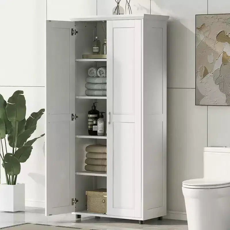 Armadietti alti per il bagno, mobiletto a pavimento indipendente con 2 ante, ripiani regolabili, 5 scomparti interni per dispensa o cucina