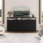 63 Inches Fabric Dresser TV Stand for Bedroom - 12 Drawer Long Dresser for Living Room - Black Chest of Drawers with Open Shelves