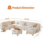 Divano Sezionale Modulare a L a 9 Posti, con Pouf Contenitore, Convertibile in Letto, per Soggiorno, Camera da Letto, Beige