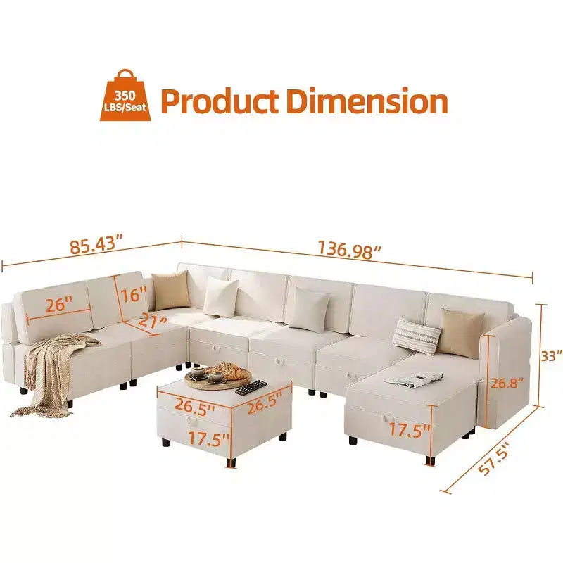 Divano Sezionale Modulare a L a 9 Posti, con Pouf Contenitore, Convertibile in Letto, per Soggiorno, Camera da Letto, Beige