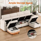 Divano Sezionale Modulare a L a 9 Posti, con Pouf Contenitore, Convertibile in Letto, per Soggiorno, Camera da Letto, Beige