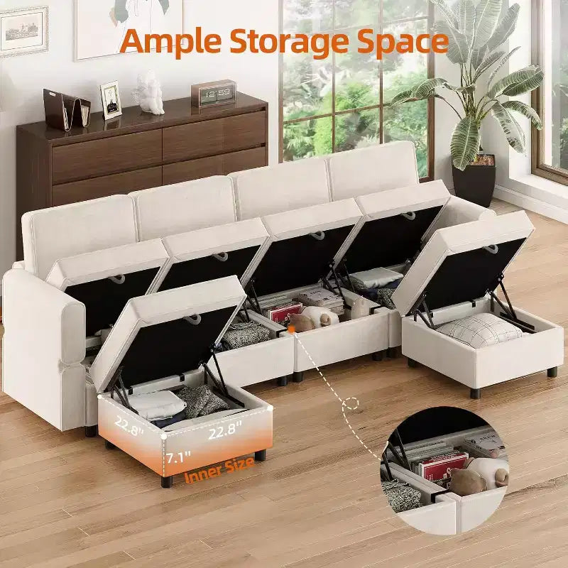 Divano Sezionale Modulare a L a 9 Posti, con Pouf Contenitore, Convertibile in Letto, per Soggiorno, Camera da Letto, Beige