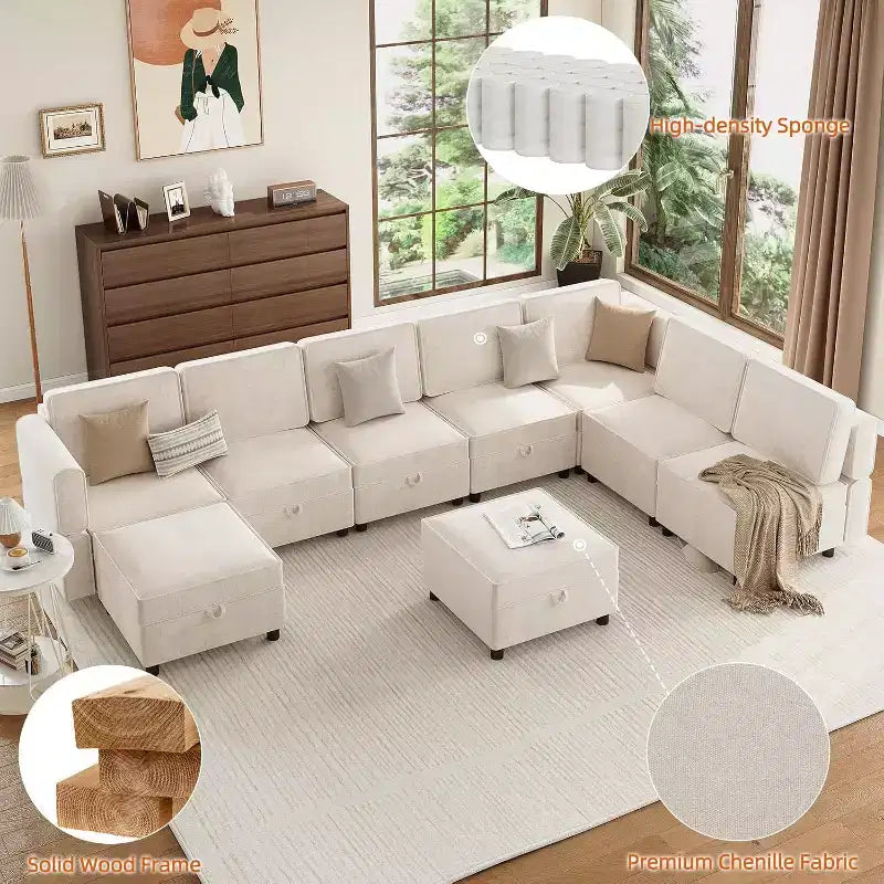 Divano Sezionale Modulare a L a 9 Posti, con Pouf Contenitore, Convertibile in Letto, per Soggiorno, Camera da Letto, Beige