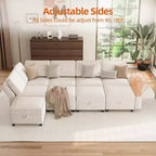 Divano Sezionale Modulare a L a 9 Posti, con Pouf Contenitore, Convertibile in Letto, per Soggiorno, Camera da Letto, Beige