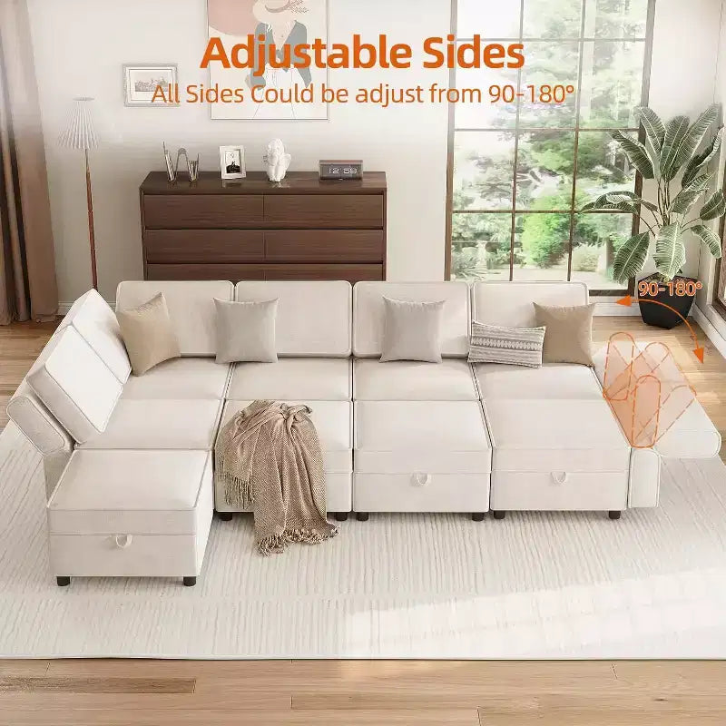 Divano Sezionale Modulare a L a 9 Posti, con Pouf Contenitore, Convertibile in Letto, per Soggiorno, Camera da Letto, Beige