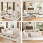 Divano Sezionale Modulare a L a 9 Posti, con Pouf Contenitore, Convertibile in Letto, per Soggiorno, Camera da Letto, Beige