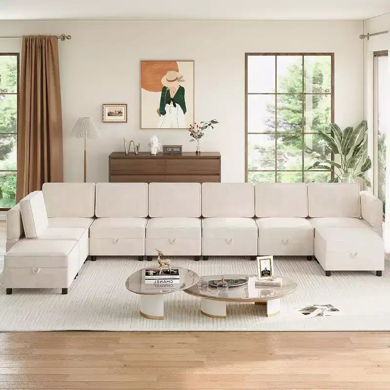 Divano Sezionale Modulare a L a 9 Posti, con Pouf Contenitore, Convertibile in Letto, per Soggiorno, Camera da Letto, Beige