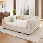 Divano Sezionale Modulare a L a 9 Posti, con Pouf Contenitore, Convertibile in Letto, per Soggiorno, Camera da Letto, Beige