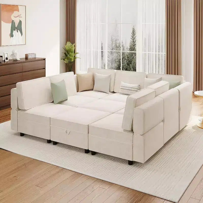 Divano Sezionale Modulare a L a 9 Posti, con Pouf Contenitore, Convertibile in Letto, per Soggiorno, Camera da Letto, Beige