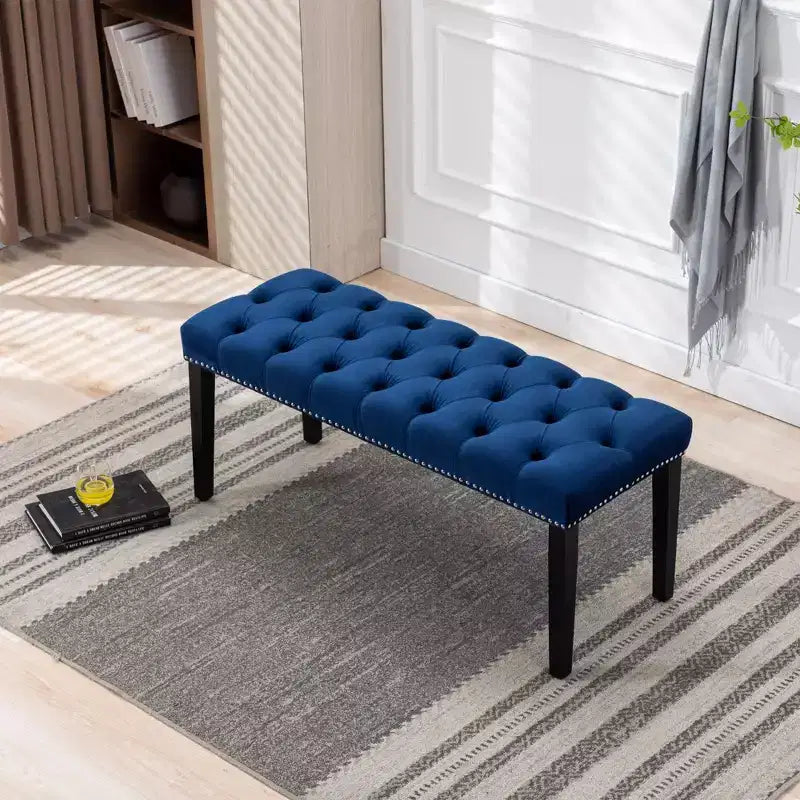 Panca moderna in velluto da 45,2" con ottomana, panca rettangolare imbottita con bottoni, gambe in legno, panca per scarpe per soggiorno, camera da letto