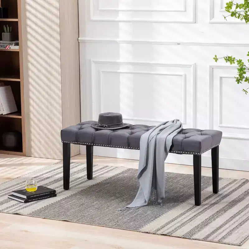 Panca moderna in velluto da 45,2" con ottomana, panca rettangolare imbottita con bottoni, gambe in legno, panca per scarpe per soggiorno, camera da letto