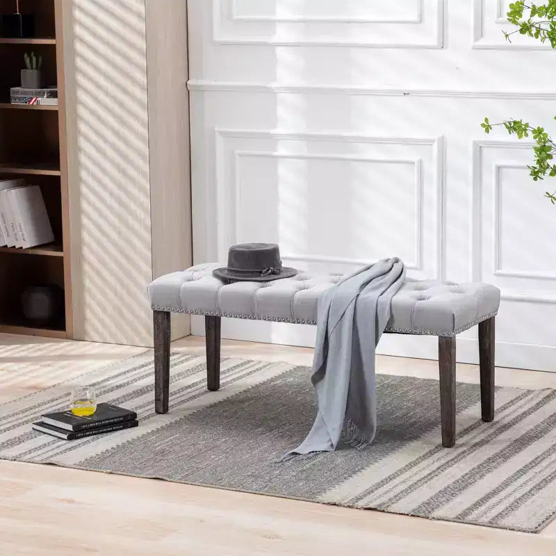 Panca moderna in velluto da 45,2" con ottomana, panca rettangolare imbottita con bottoni, gambe in legno, panca per scarpe per soggiorno, camera da letto
