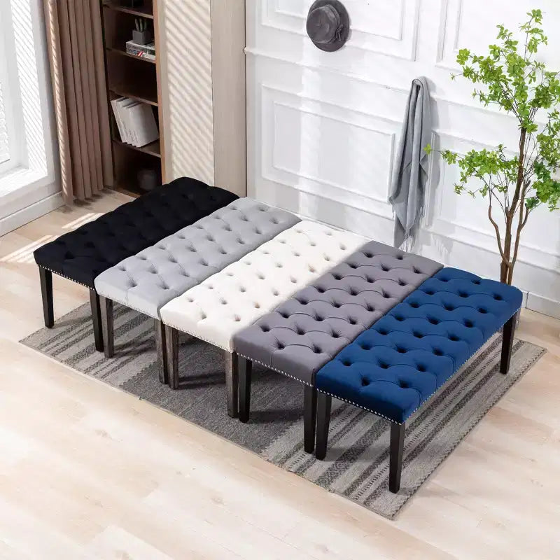 Panca moderna in velluto da 45,2" con ottomana, panca rettangolare imbottita con bottoni, gambe in legno, panca per scarpe per soggiorno, camera da letto