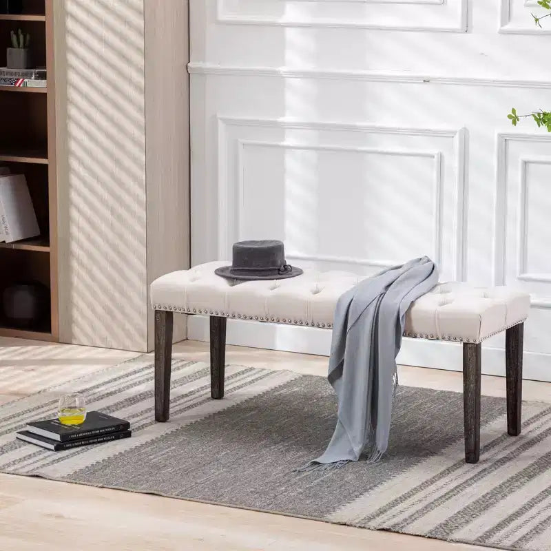 Panca moderna in velluto da 45,2" con ottomana, panca rettangolare imbottita con bottoni, gambe in legno, panca per scarpe per soggiorno, camera da letto