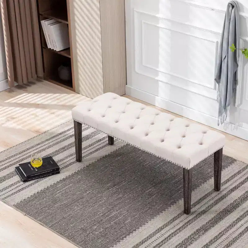 Panca moderna in velluto da 45,2" con ottomana, panca rettangolare imbottita con bottoni, gambe in legno, panca per scarpe per soggiorno, camera da letto