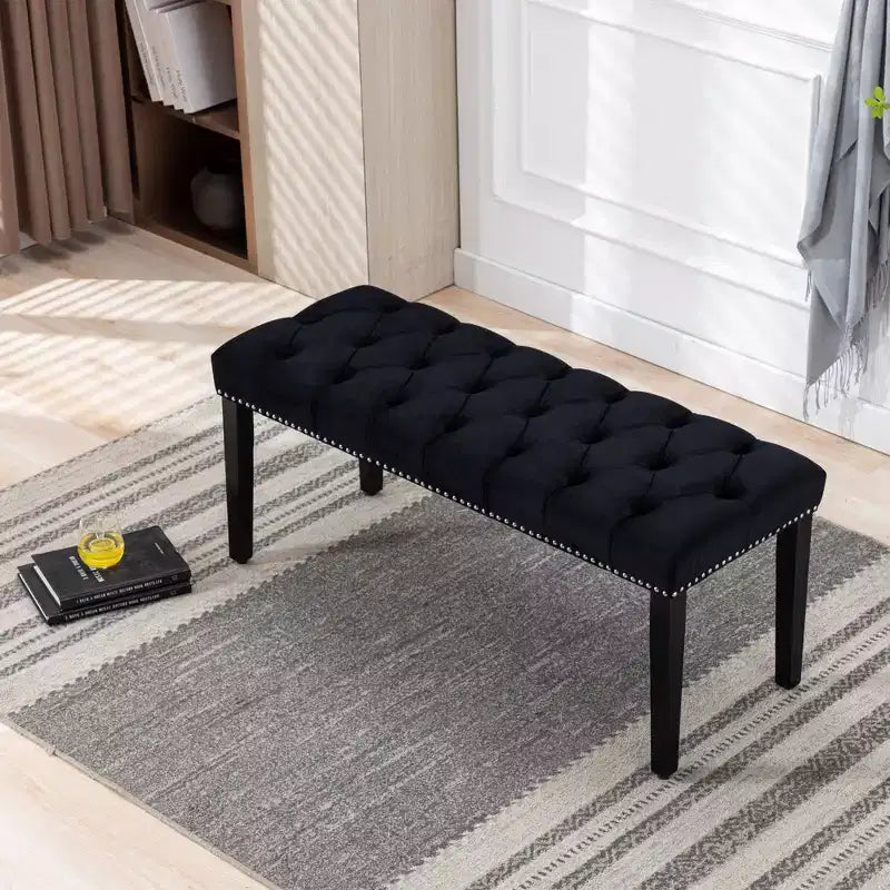 Panca moderna in velluto da 45,2" con ottomana, panca rettangolare imbottita con bottoni, gambe in legno, panca per scarpe per soggiorno, camera da letto