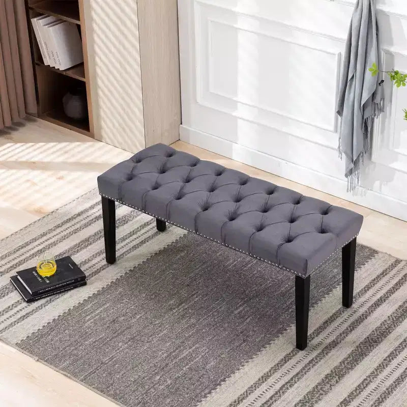 Panca moderna in velluto da 45,2" con ottomana, panca rettangolare imbottita con bottoni, gambe in legno, panca per scarpe per soggiorno, camera da letto