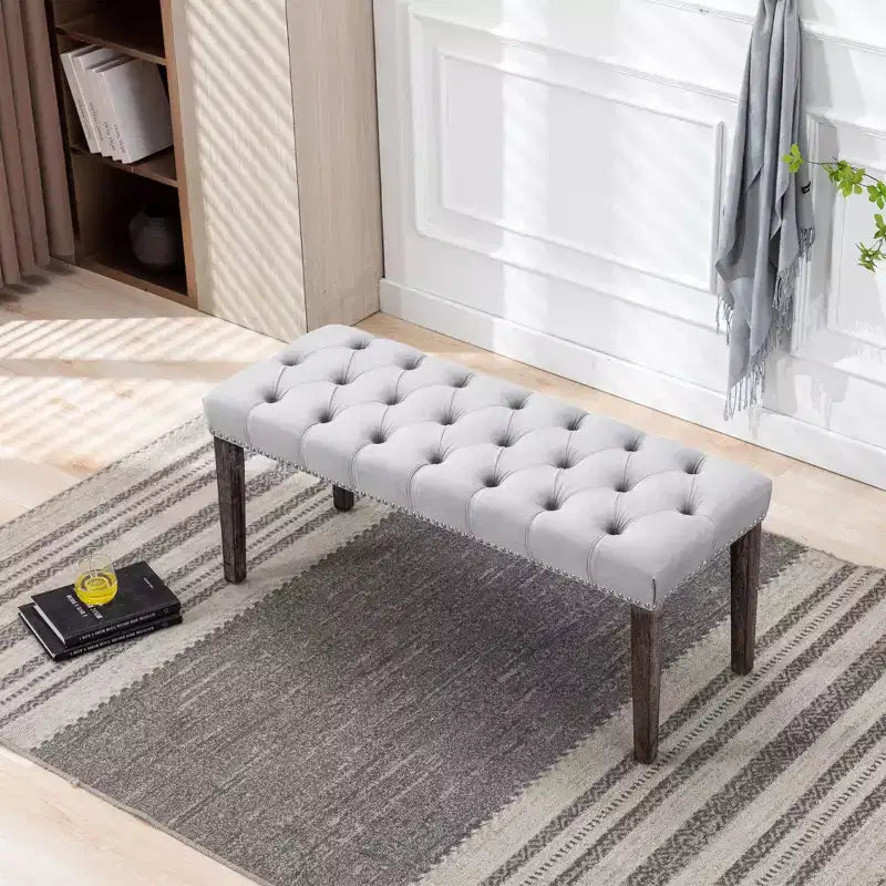Panca moderna in velluto da 45,2" con ottomana, panca rettangolare imbottita con bottoni, gambe in legno, panca per scarpe per soggiorno, camera da letto