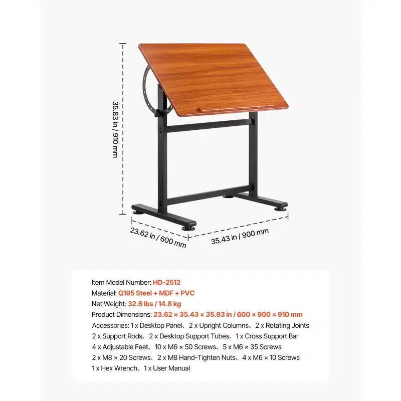 Tavolo da disegno, scrivania da disegno inclinabile regolabile da 0 a 90, tavolo per artista portatile con struttura a H nera e piano marrone, nero e marrone