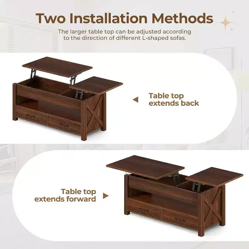 Tavolino da caffè desktop a doppia altezza regolabile da 47 pollici, marrone, con cassetti portaoggetti; tavolino da divano a doppia altezza regolabile con ripiani nascosti.