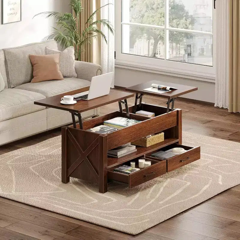 Tavolino da caffè desktop a doppia altezza regolabile da 47 pollici, marrone, con cassetti portaoggetti; tavolino da divano a doppia altezza regolabile con ripiani nascosti.