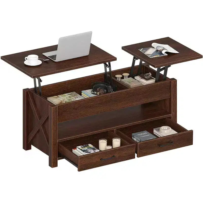 Tavolino da caffè desktop a doppia altezza regolabile da 47 pollici, marrone, con cassetti portaoggetti; tavolino da divano a doppia altezza regolabile con ripiani nascosti.