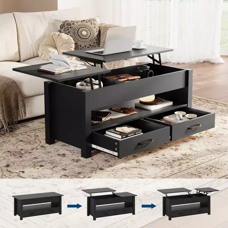 Tavolino da caffè desktop a doppia altezza regolabile da 47 pollici, marrone, con cassetti portaoggetti; tavolino da divano a doppia altezza regolabile con ripiani nascosti.