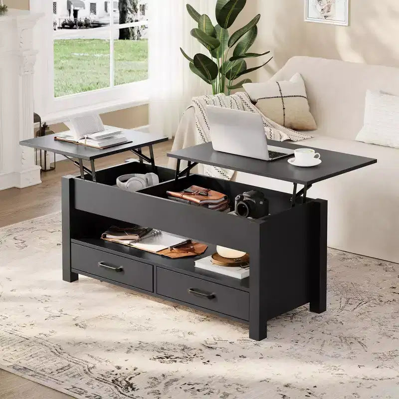 Tavolino da caffè desktop a doppia altezza regolabile da 47 pollici, marrone, con cassetti portaoggetti; tavolino da divano a doppia altezza regolabile con ripiani nascosti.