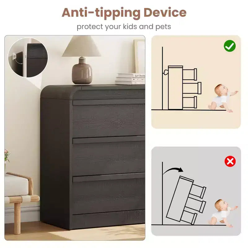 Cassettiera moderna ad arco con 6 cassetti per tavolo da pranzo - Cassettone in legno nero largo 120 cm - Design con bordi curvi - Ampio spazio di archiviazione per sala da pranzo, camera da letto, soggiorno