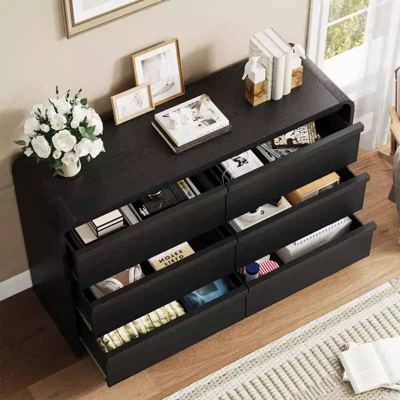 Cassettiera moderna ad arco con 6 cassetti per tavolo da pranzo - Cassettone in legno nero largo 120 cm - Design con bordi curvi - Ampio spazio di archiviazione per sala da pranzo, camera da letto, soggiorno