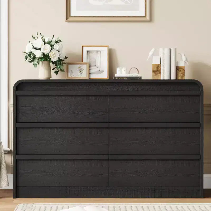 Cassettiera moderna ad arco con 6 cassetti per tavolo da pranzo - Cassettone in legno nero largo 120 cm - Design con bordi curvi - Ampio spazio di archiviazione per sala da pranzo, camera da letto, soggiorno