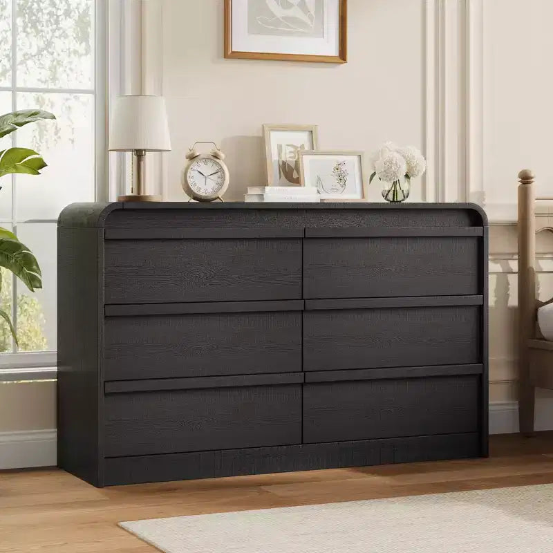 Cassettiera moderna ad arco con 6 cassetti per tavolo da pranzo - Cassettone in legno nero largo 120 cm - Design con bordi curvi - Ampio spazio di archiviazione per sala da pranzo, camera da letto, soggiorno