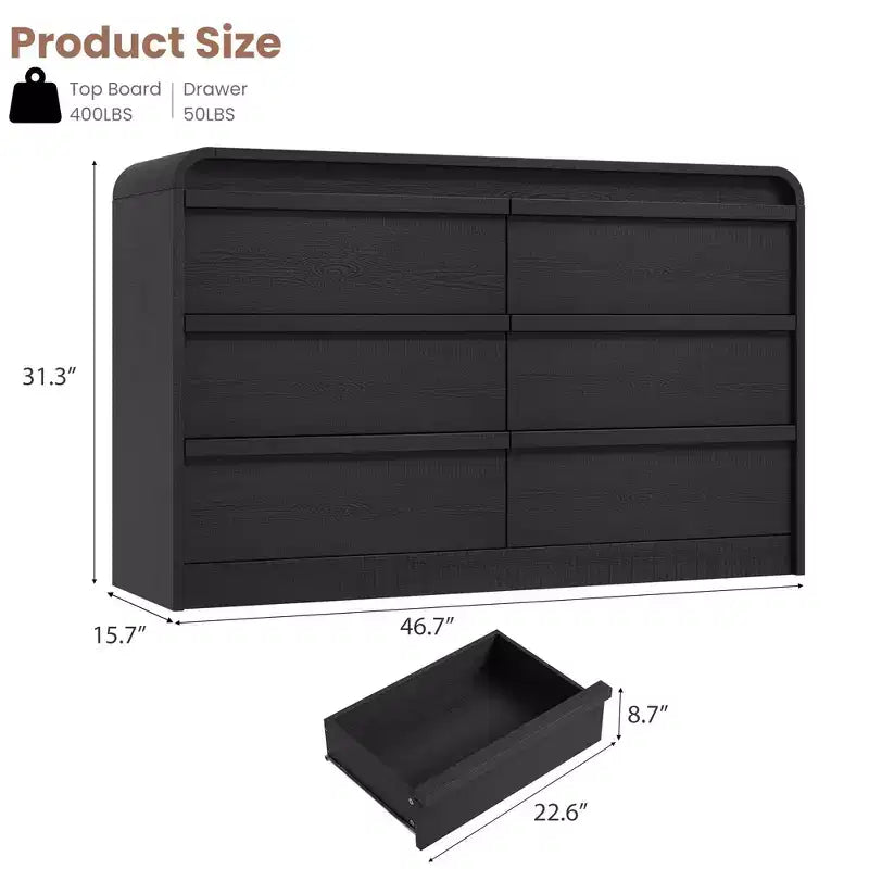 Cassettiera moderna ad arco con 6 cassetti per tavolo da pranzo - Cassettone in legno nero largo 120 cm - Design con bordi curvi - Ampio spazio di archiviazione per sala da pranzo, camera da letto, soggiorno