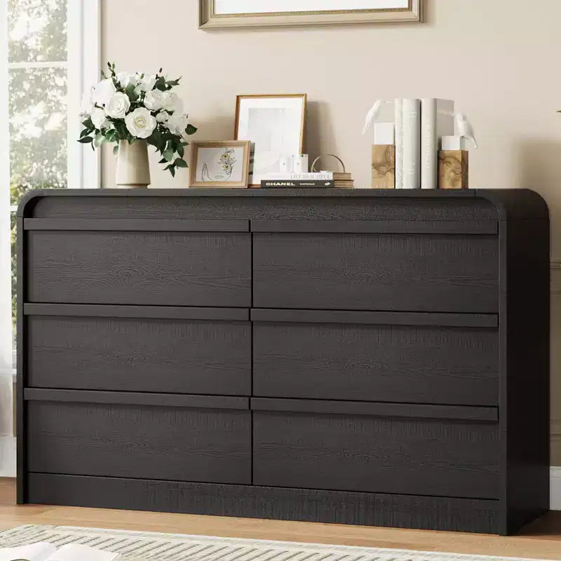 Cassettiera moderna ad arco con 6 cassetti per tavolo da pranzo - Cassettone in legno nero largo 120 cm - Design con bordi curvi - Ampio spazio di archiviazione per sala da pranzo, camera da letto, soggiorno