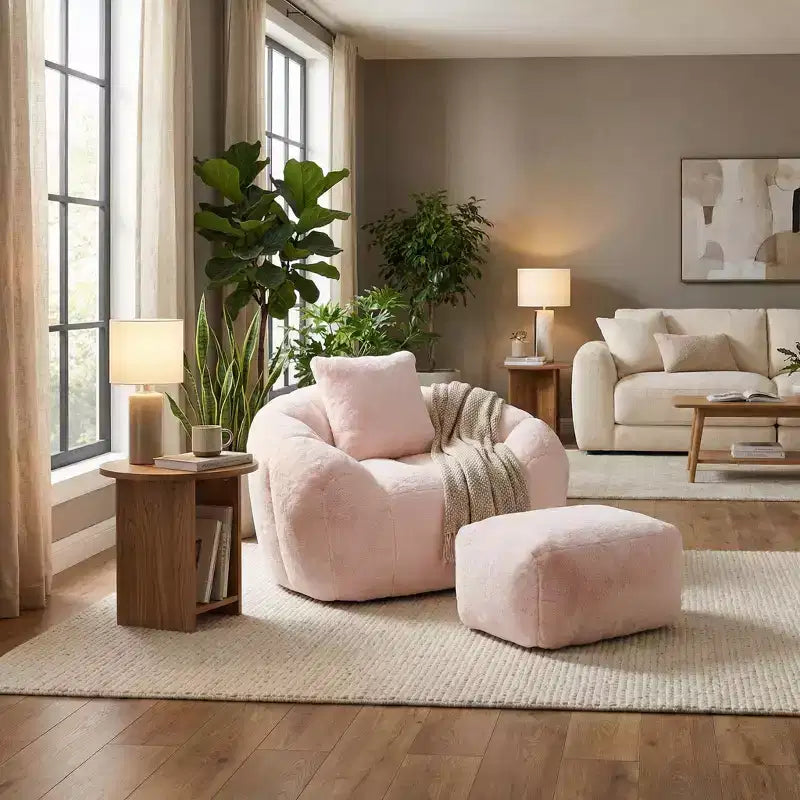 Poltrona con poggiapiedi in tessuto Teddy, comoda poltrona lounge e pouf per soggiorno, camera da letto o angolo lettura
